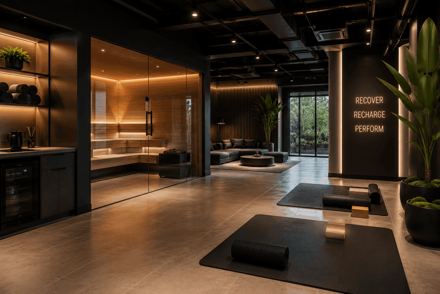 Recovery lounge at VELORA Fitness
