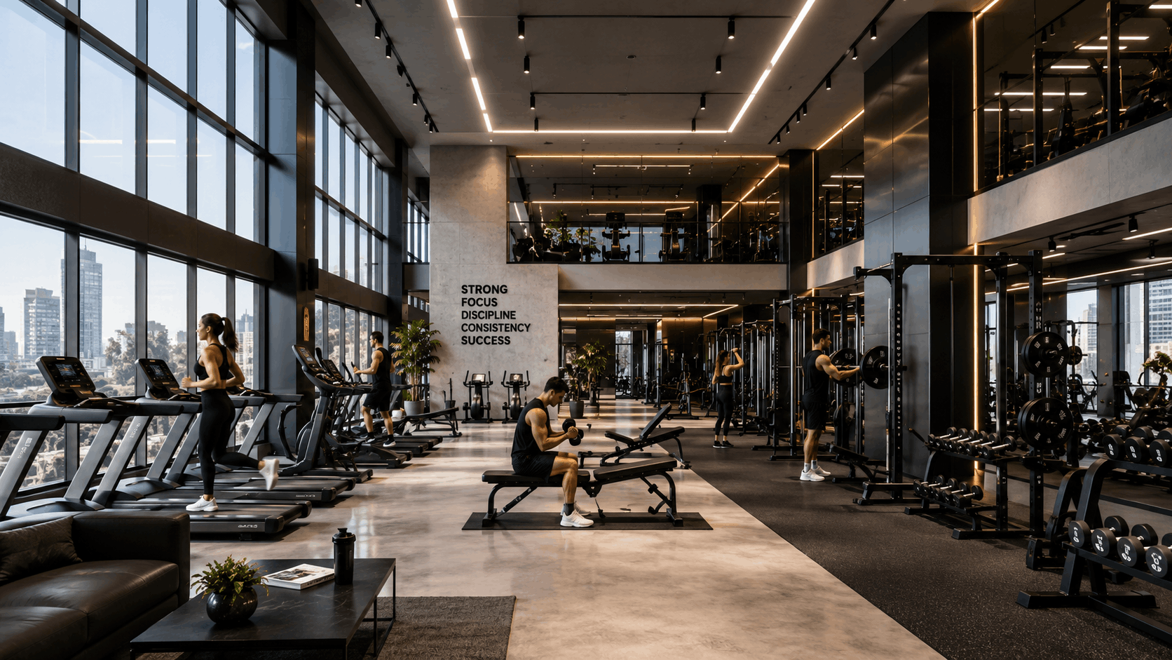 Men and women training together in a bright, modern VELORA Fitness gym